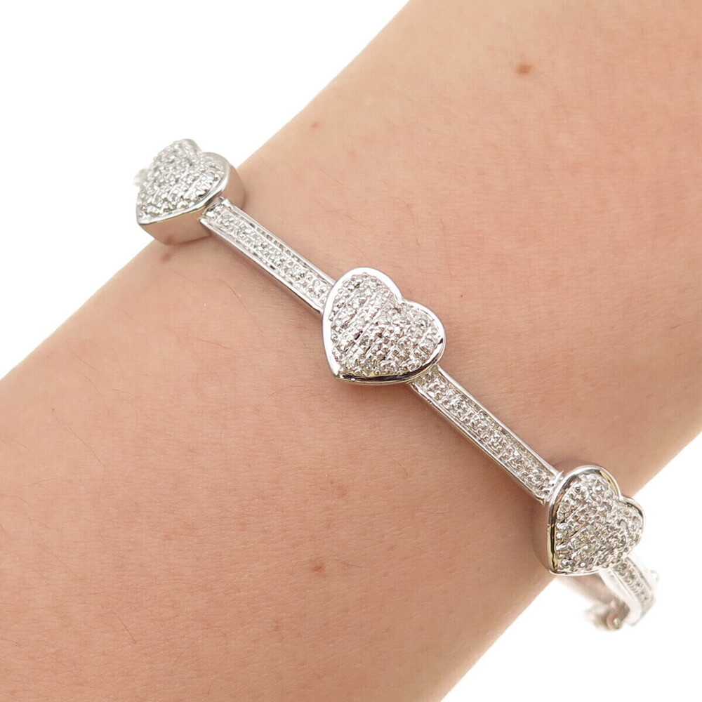 925 Sterling Silver Real Round-Cut Diamond Heart Station Bangle Bracelet 7"